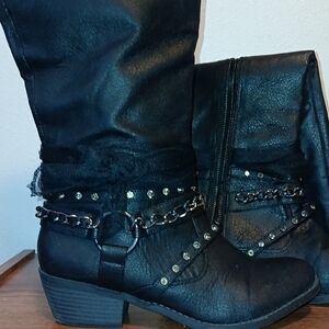 Not Rated Black Heeled Boots with Chain and Other Detail